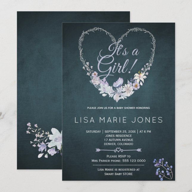 Patel blüht Herzkranz blaue Babydusche Einladung (Vorne/Hinten)