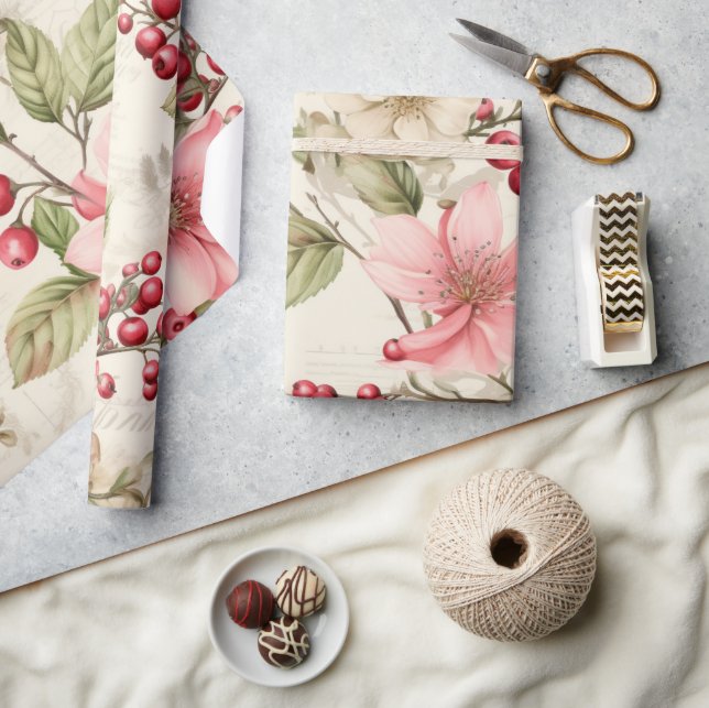 Patel Red Green Pink Poinsettia Weihnachten Geschenkpapier (Kunsthandwerk)