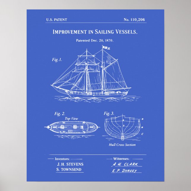 Patent Sailing Vessel Blueprint Poster (Vorne)