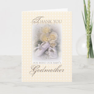 Patentante Danke mit Babyschuhen und gelber Rose