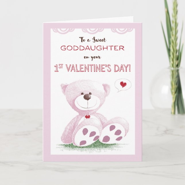 Patenttochter, 1. Valentinstag, rosa Teddybär Feiertagskarte (Vorderseite)