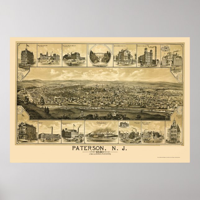 Paterson, NJ Panoramic Map - 1880 Poster (Vorne)