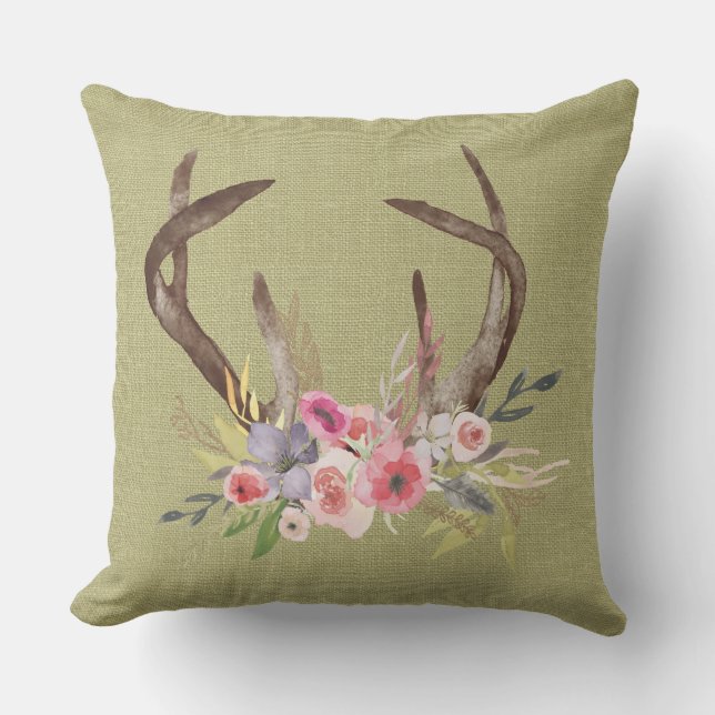 Patio Pillow Deer Antler und Wildblumen Design Kissen Für Draußen (Vorderseite)