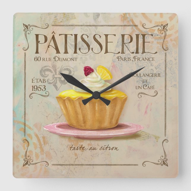 Patisserie Lemon Tart Clock Quadratische Wanduhr (Vorderseite)