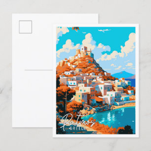 Patmos Greece Vintage Reise Illustration Postkarte