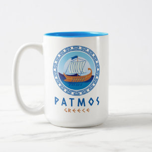 Patmos, Griechenland, griechisches Schiffsdesign Zweifarbige Tasse