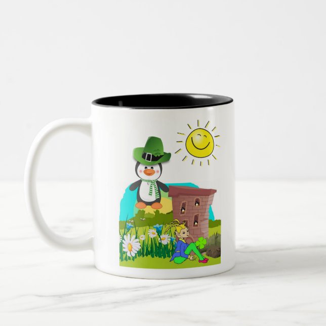 Patrick's Day Pinguin Leprechaun Zweifarbige Tasse (Links)
