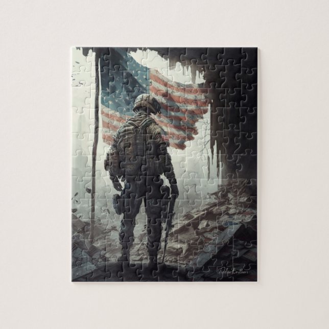 Patriot US Soldat, der die Flagge bewacht Puzzle (Vertikal)