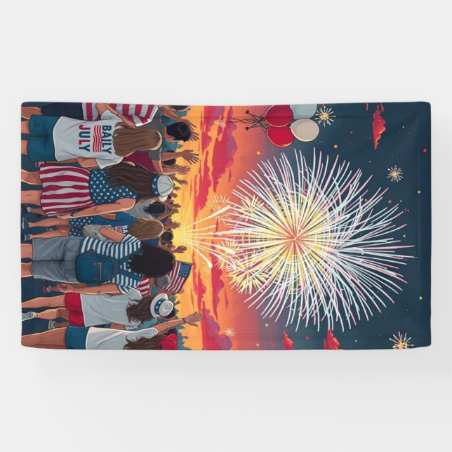 Patriotic 4. Juli Feuerwerk Celebration Crowd Banner (Horizontal)