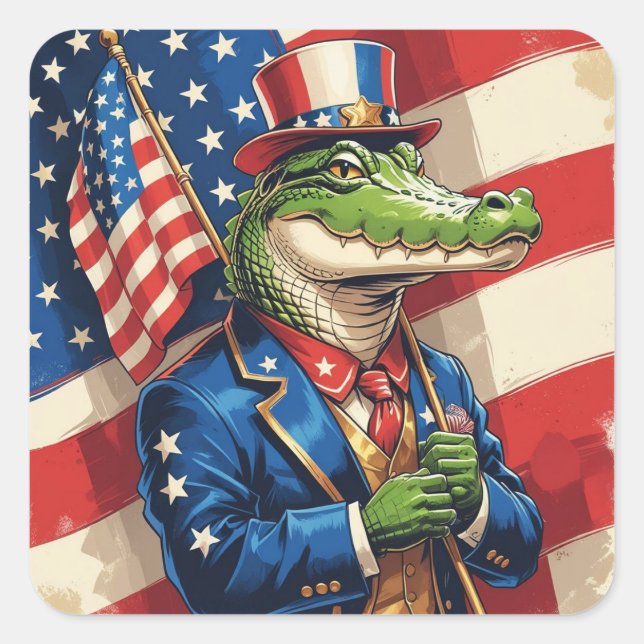 Patriotic Alligator holding the American Flag Quadratischer Aufkleber (Vorderseite)