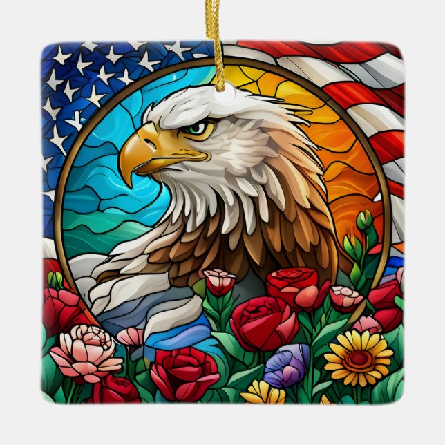 Patriotic American Bald Eagle "Stains Glass" Keramikornament (Vorderseite)