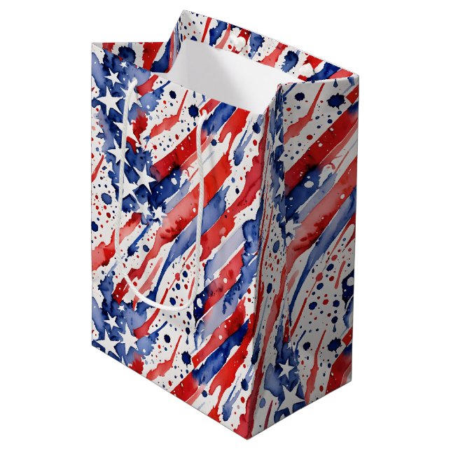 Patriotic American Flag Abstrakt Paint Splash Mittlere Geschenktüte (Vorderseite Schrägansicht)
