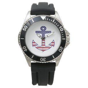 Patriotic American Flag Anchor Nautic Armbanduhr