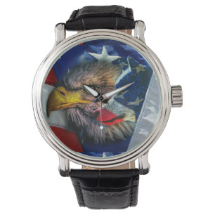 Patriotic American Flag Bald Eagle Wolf Armbanduhr
