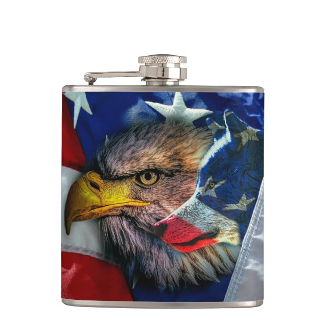 Patriotic American Flag Bald Eagle Wolf Flachmann (Vorderseite)