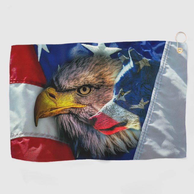 Patriotic American Flag Bald Eagle Wolf Golfhandtuch (Horizontal)