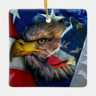 Patriotic American Flag Bald Eagle Wolf Keramikornament