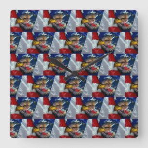 Patriotic American Flag Bald Eagle Wolf Quadratische Wanduhr