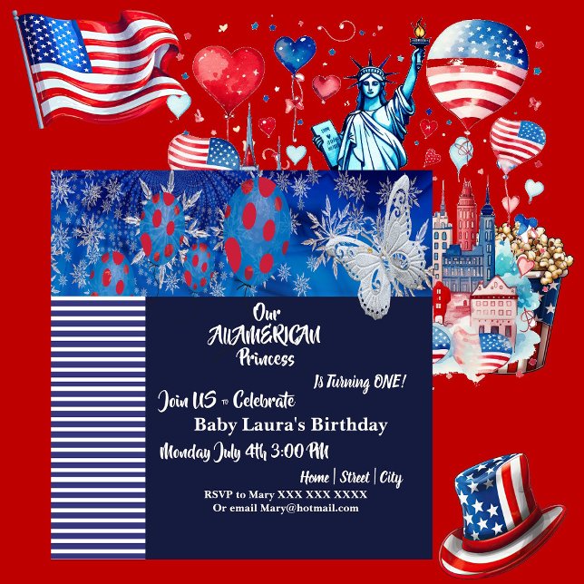Patriotic American Flag Butterfly Ballon BirthDay Einladung (Patriotic American Flag Butterfly Balloon BirthDay Invitation)