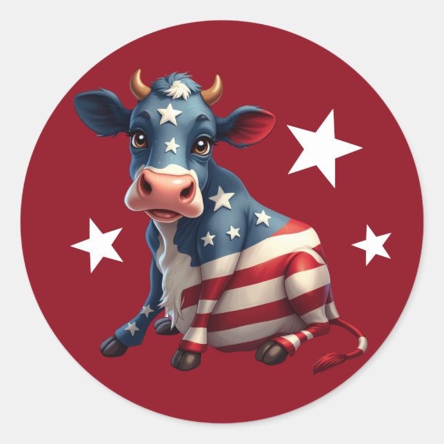 Patriotic American Flag Cow Illustration Runder Aufkleber (Vorderseite)