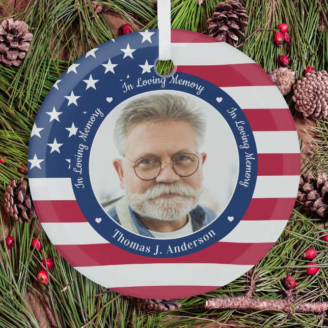 Patriotic American Flag Custom 2 Foto Memorial Ornament Aus Glas (Von Creator hochgeladen)
