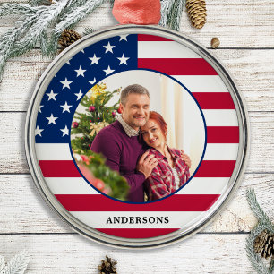 Patriotic American Flag Custom Foto Holiday Ornament Aus Metall