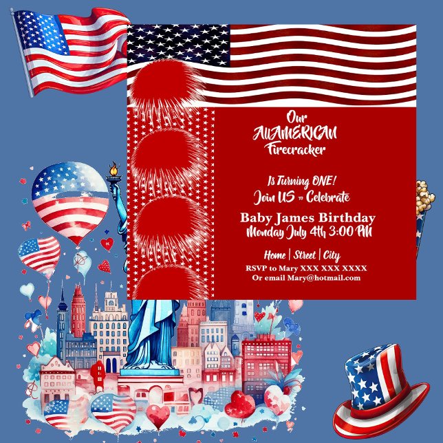 Patriotic American Flag Firecracker Birthday Boy Einladung (Patriotic American Flag Firecracker Birthday Boy Invitation)