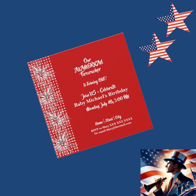Patriotic American Flag Firecracker Birthday Boy Einladung (Patriotic American Flag Firecracker Birthday Boy Invitation)