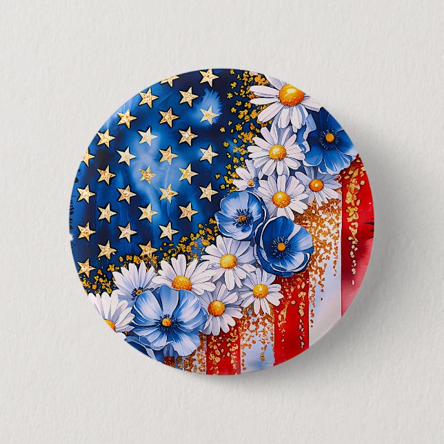 Patriotic American Flag Floral Glitter Button (Vorderseite)