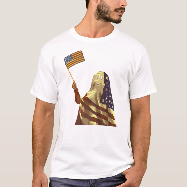 Patriotic American Flag Ghost Halloween T-Shirt (Vorderseite)