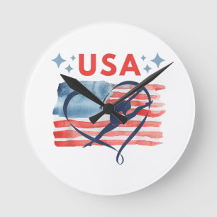 Patriotic American Flag Gymnastics Design für die Runde Wanduhr