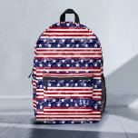 Patriotic American Flag Stars Stripes Camouflage Bedruckter Rucksack<br><div class="desc">Dieses coole Rucksack-Design hat ein patriotisches Sternen-und Streifen-Muster, inspiriert von der amerikanischen Flagge mit einem Tarnung-Look. Die wiederholt vorkommende Gestaltung ist in Rot-, Gelb- und Blau-Tönen gehalten, wobei die Camouflage durchgängig ein Muster aufweist. Feiern Sie Ihre Liebe der USA mit diesem einzigartigen Muster. Fügen Sie Ihr individuelles Monogramm auf die...</div>