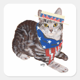 Patriotic American Shorthair Tabby Cat Quadratischer Aufkleber