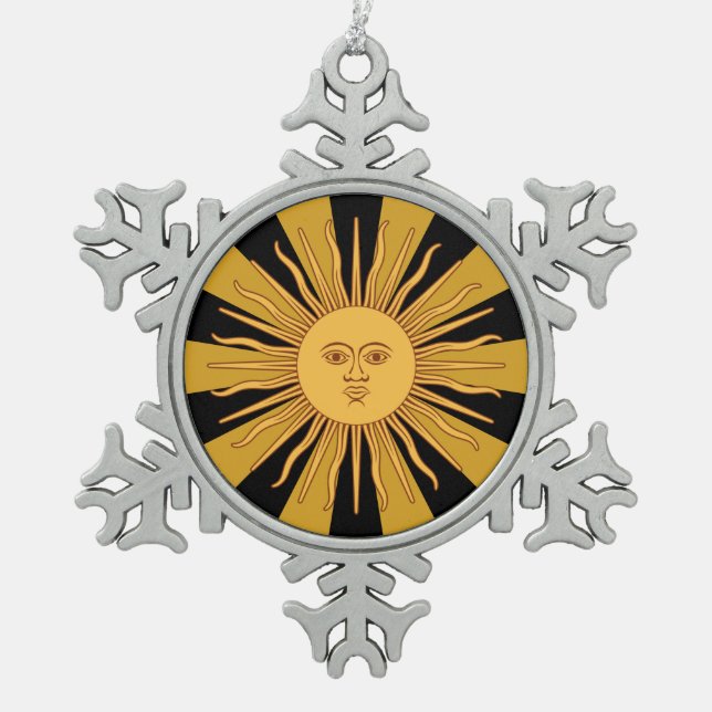 Patriotic Argentina Golden Sun, Sol de Mayo Schneeflocken Zinn-Ornament (Vorderseite)