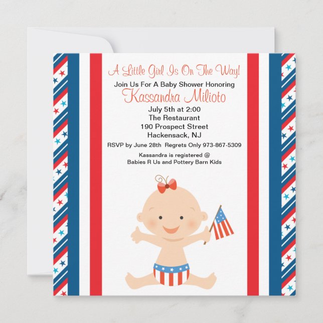 Patriotic Baby Girl Wave Flag Babydusche Einladung (Vorderseite)