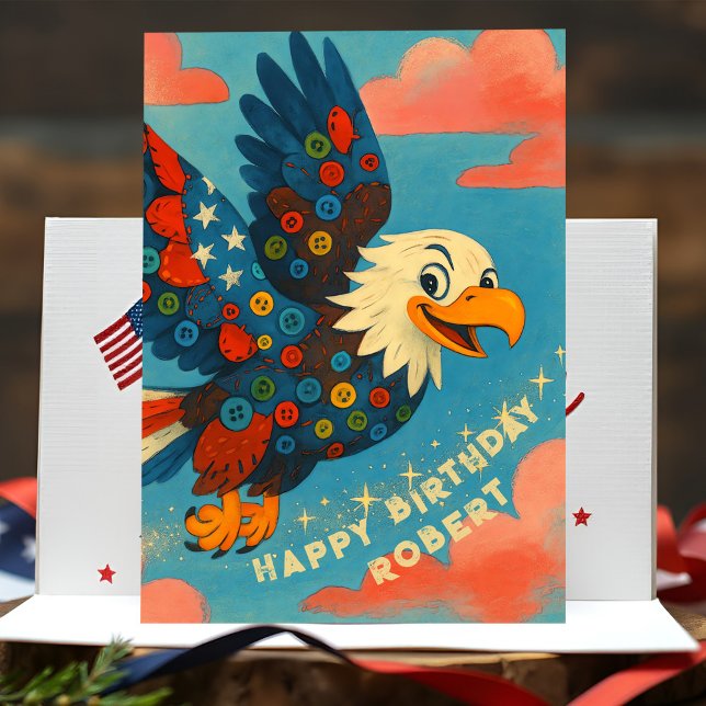 Patriotic Bald Eagle Birthday Whimsical Primitive Karte (Joyful bald eagle birthday card with patriotic patchwork, personalized name, and heartfelt message.)