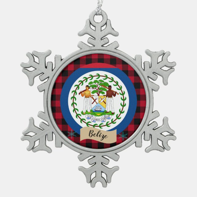 Patriotic Belize, Red buffalo kariert & Belize Fla Schneeflocken Zinn-Ornament (Vorderseite)