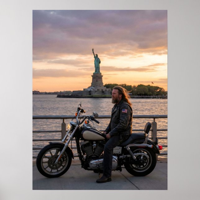 Patriotic Biker Statue of Liberty Sunset Waterside Poster (Vorne)