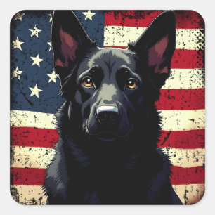 Patriotic Black German Shepherd USA Flag Quadratischer Aufkleber