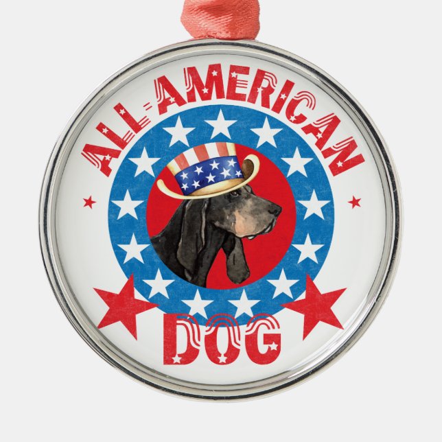 Patriotic Black und Tan Coonhound Silbernes Ornament (Vorne)