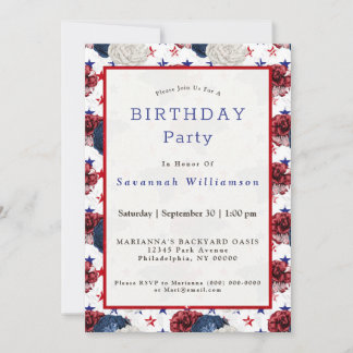 Patriotic Blue Red Star Rose Bouquet Birthday Einladung