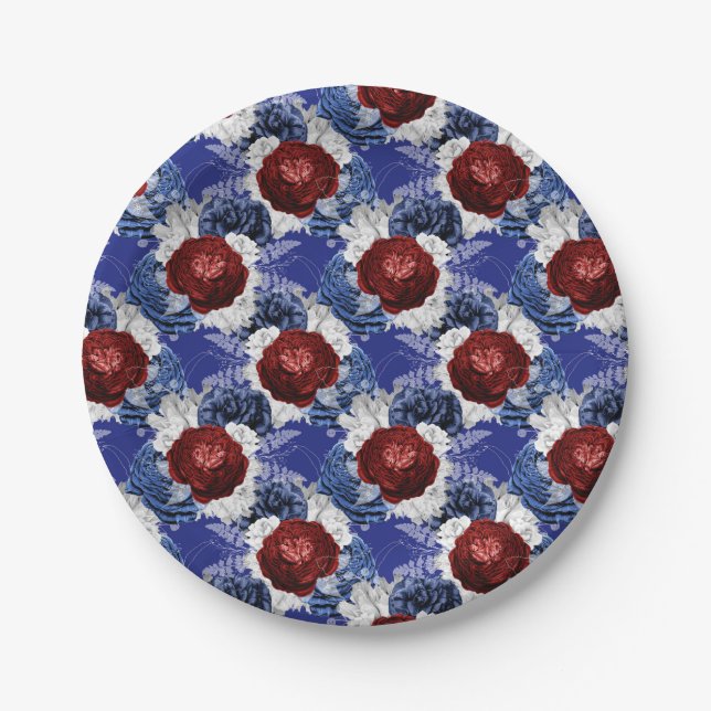 Patriotic Blue Rote Rose Bouquet Pappteller (Vorderseite)