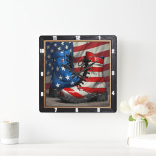 Patriotic Boots American Flag Quadratische Wanduhr