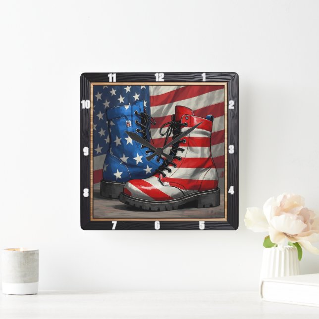 Patriotic Boots American Flag Quadratische Wanduhr (Zuhause)