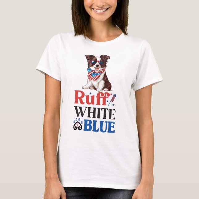 Patriotic Border Collie Ruff White & Blue T-Shirt (Vorderseite)