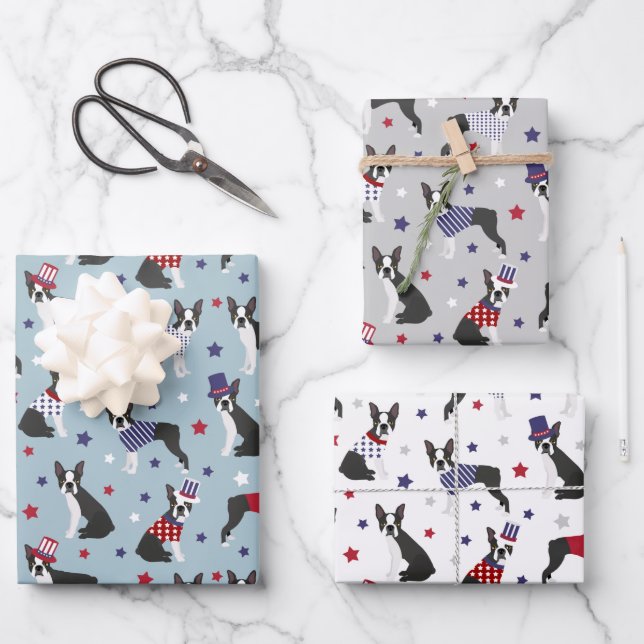 Patriotic Boston Terrier Dog Geschenkpapier Set (Vorderseite)