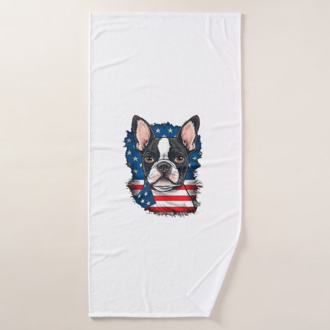 Patriotic Boston Terrier Doppy Puppy American Flag Badehandtuch (Badehandtuch)