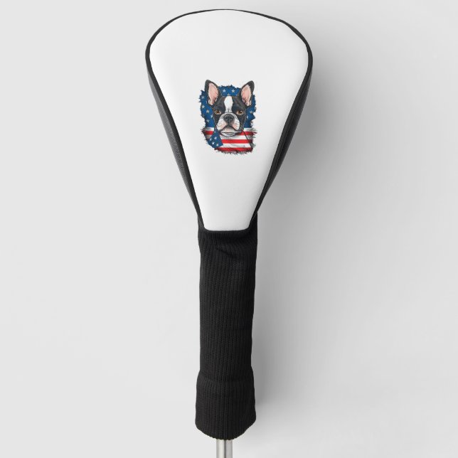 Patriotic Boston Terrier Doppy Puppy American Flag Golf Headcover (Vorderseite)