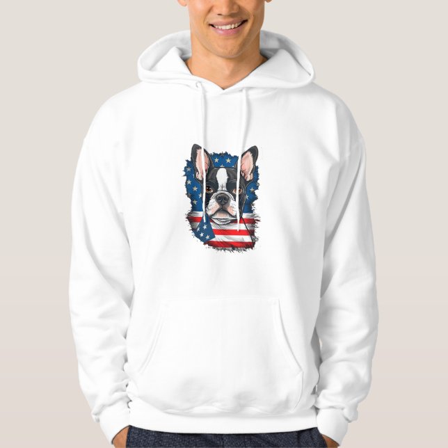 Patriotic Boston Terrier Doppy Puppy American Flag Hoodie (Vorderseite)