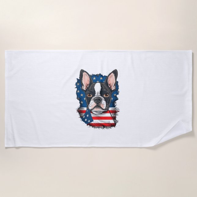 Patriotic Boston Terrier Doppy Puppy American Flag Strandtuch (Vorderseite)